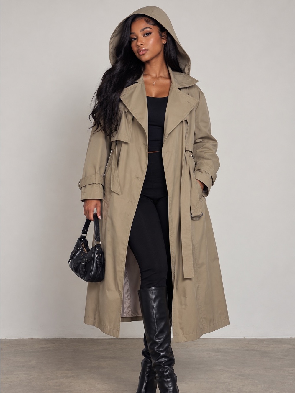 Hooded Long Trench Coat in Taupe